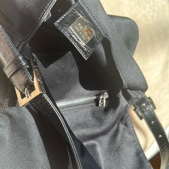 FENDI Black Satin and Leather Hobo Shoulder Bag. Baguette style Purse. - Picture 2 of 9
